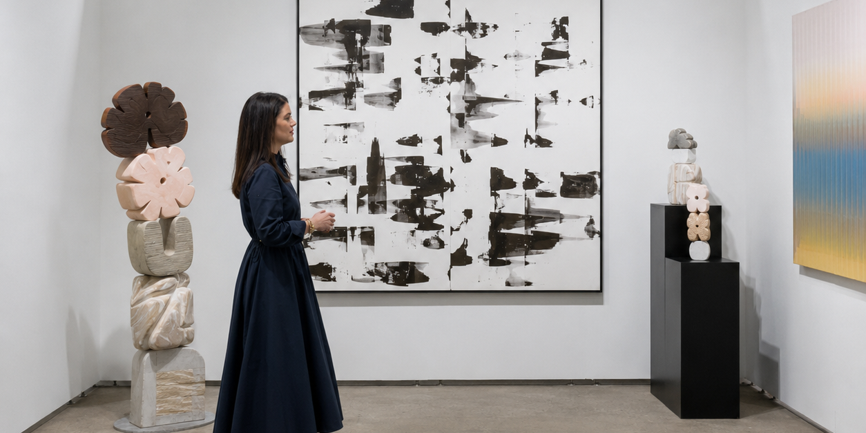 Art advisor Casey Monda standing in Massey Klein booth at NADA NYC 2026 in front of art by Kate McQuillen.