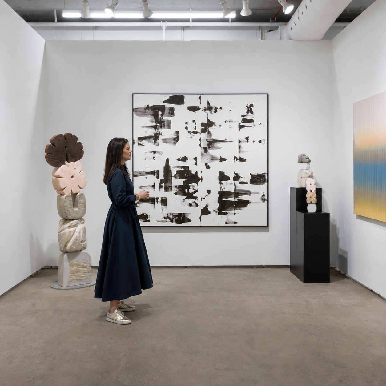 Art advisor Casey Monda standing in Massey Klein booth at NADA NYC 2026 in front of art by Kate McQuillen.